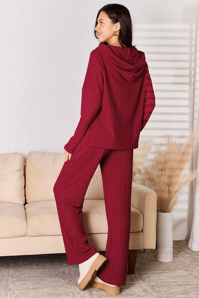Basic Bae Ribbed Drawstring Hoodie Top and Straight Pants Set - Three Colors!