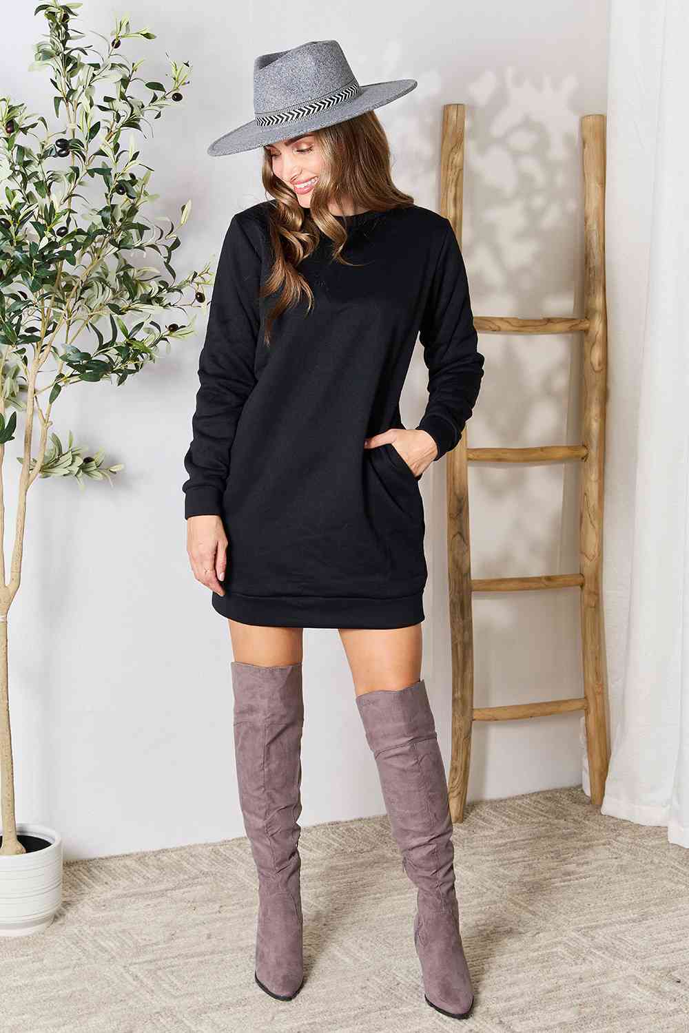 Double Take Round Neck Long Sleeve Mini Dress with Pockets - 2 Colors!