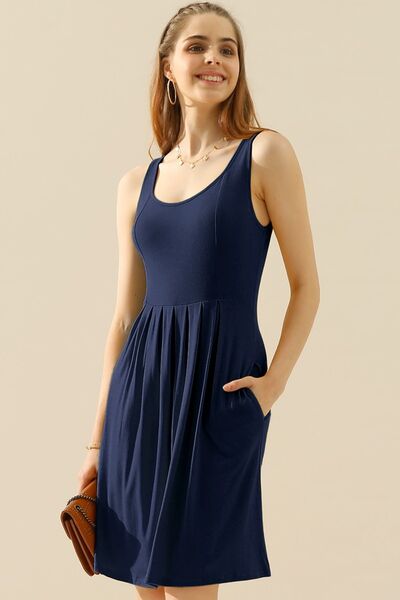 Doublju Round Neck Ruched Sleeveless Dress with Pockets - Multiple Colors!