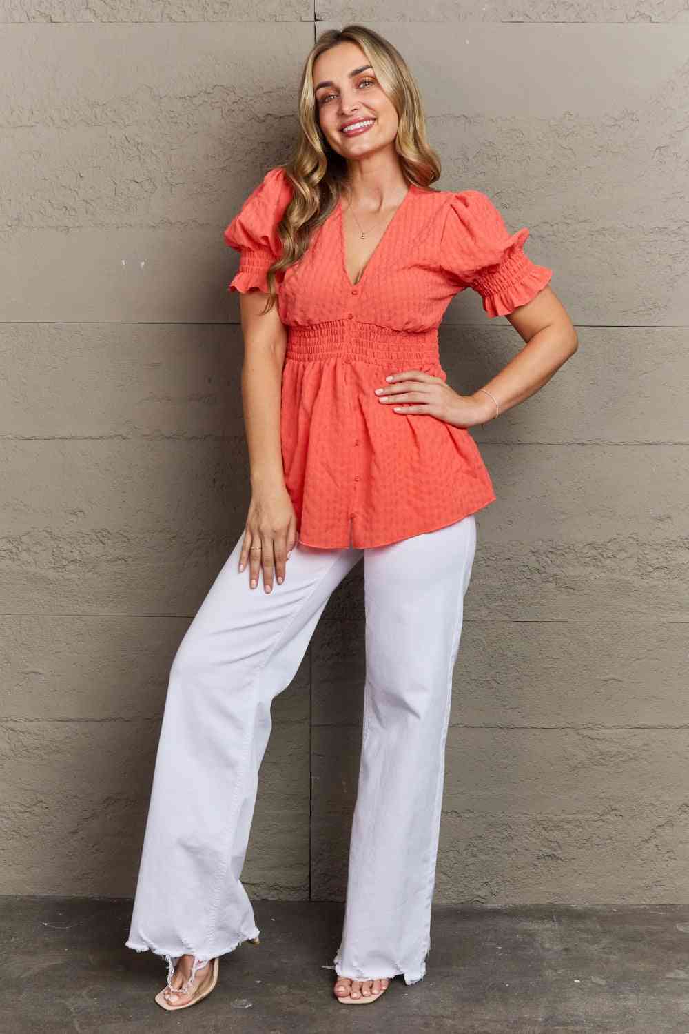 Whimsical Wonders V-Neck Puff Sleeve Button Down Top
