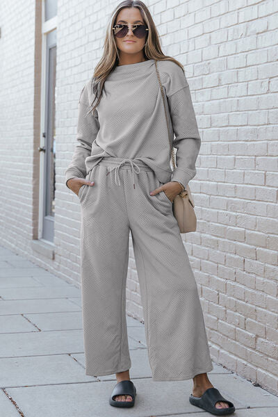 Double Take Textured Long Sleeve Top and Drawstring Pants Set - 10 color options!