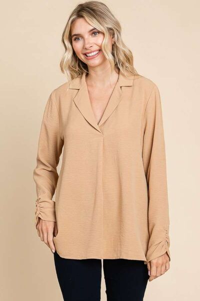 Culture Code Lapel Collar Ruched Long Sleeve Blouse