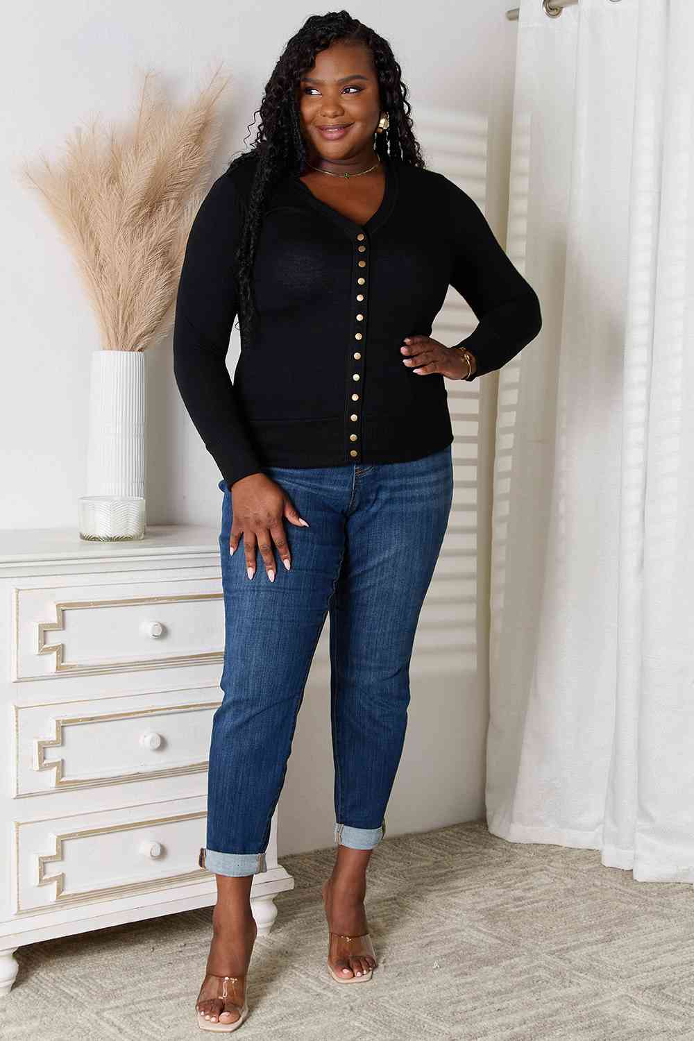 Zenana V-Neck Long Sleeve Snap Cardi