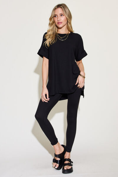 Zenana Short Sleeve Side Slit Tee and Leggings Lounge Set