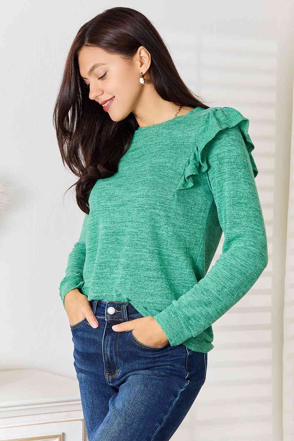 Double Take Ruffle Shoulder Long Sleeve Top - 2 Color Options!