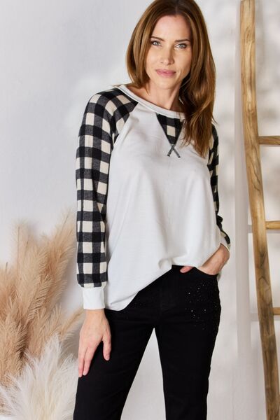 Hailey & Co Plaid Raglan Sleeve Round Neck Top