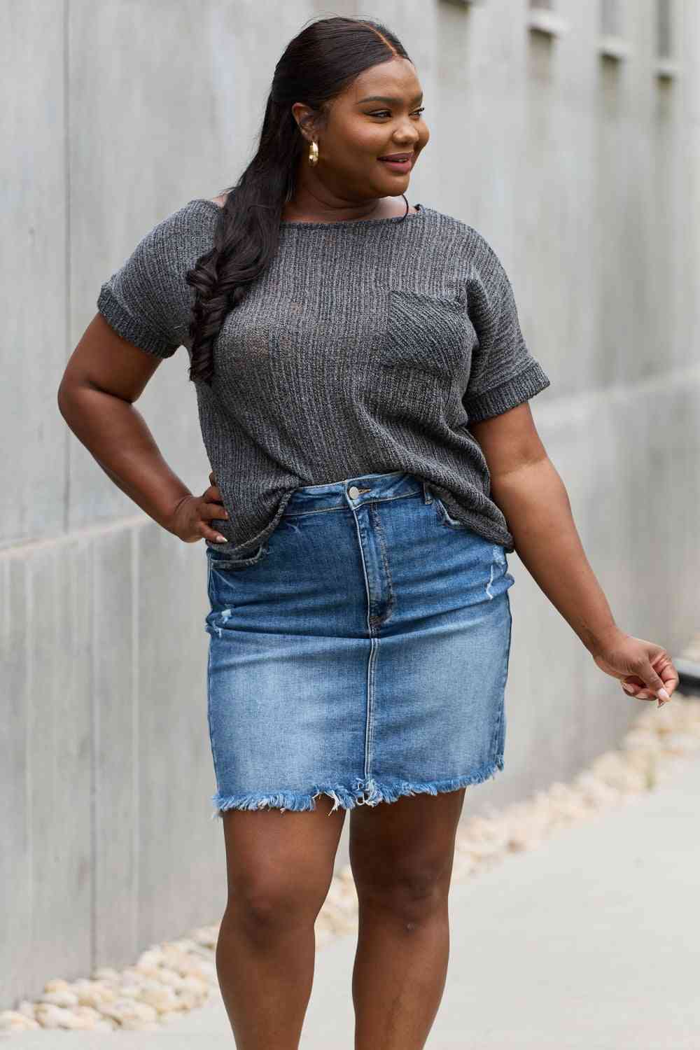 e.Luna Chunky Knit Short Sleeve Top in Gray